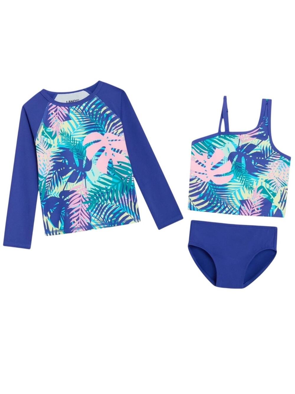 Lands' End Girls' Blue Tropical Rashguard 3 Piece Swim Set Size 2T NWT